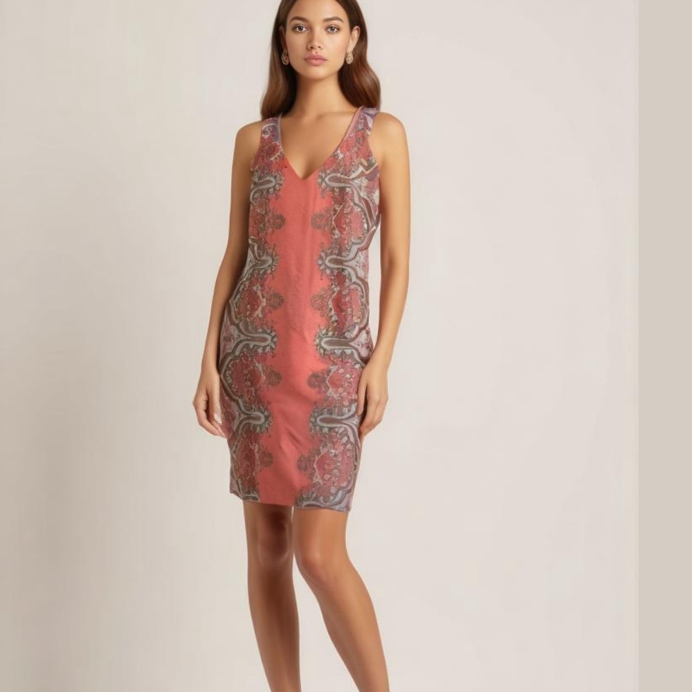 Tracy Reese Coral V-Neck Paisley-Panel Midi Dress